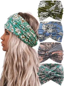 Boho Floral Hairbands Set, Elastic Wide Straps, Multicolor Flower Prints, Casual Sports Headwear, 4-Piece Pack, Versatile Style, Elastic Headbands-new year glasses 2026