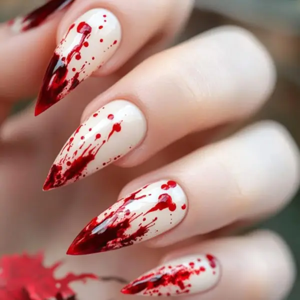 24PCS Halloween Blood Press On Nails, Almond Fake Nails with Red Bloody Design, Glossy Full Cover Acrylic False Nails, Horror Costume Nail Art Set & Halloween Gift for Women