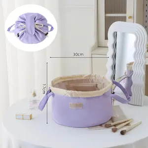 Lay Flat Drawstring Makeup Bag,Travel Cosmetic Organizer for Women,Large Capacity Toiletry Bag,Portable Open-Flat Design for Skincare and Makeup Brushes