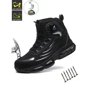 Steel Toe Work Boots for Men Rotary Buckle Lightweight Breathable Safety Shoes, Slip-Resistant Anti-Punctur Anti-smash Industrial & Construction Work Footwear Durable Steel Toe