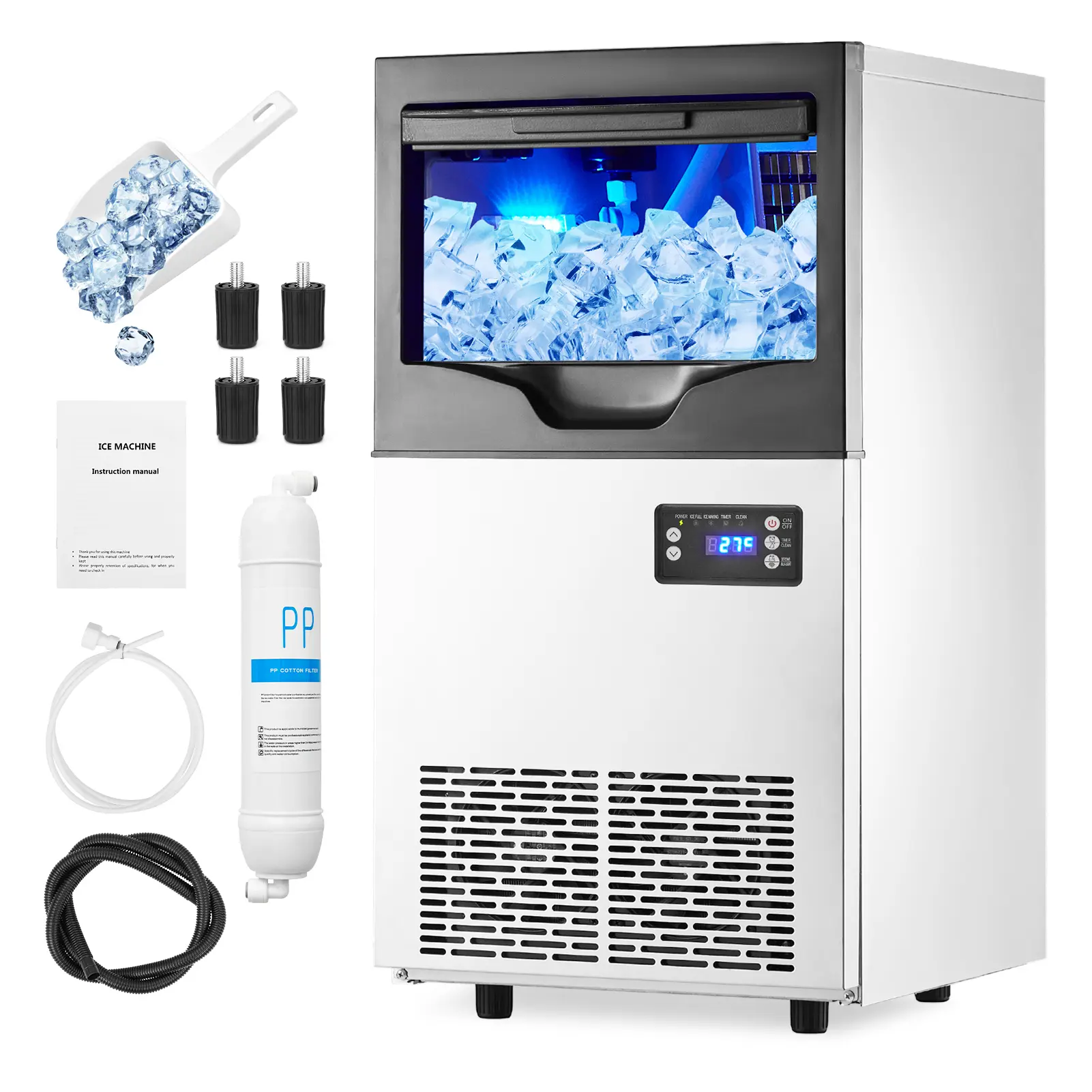 Commercial Ice Maker Machine for Outdoor & Home Kitchens - 100lbs/24H, 33lbs Storage Bin, Stainless Steel, Under Counter or Freestanding for Bars, Restaurants, Cafes, Ice Cubes Maker