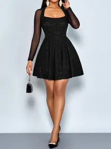 Women's Elegant Aesthetic Casual Colorblock Dress, Square Neck Long Sleeve Contrast Mesh Button Design, Knee Length for All Seasons