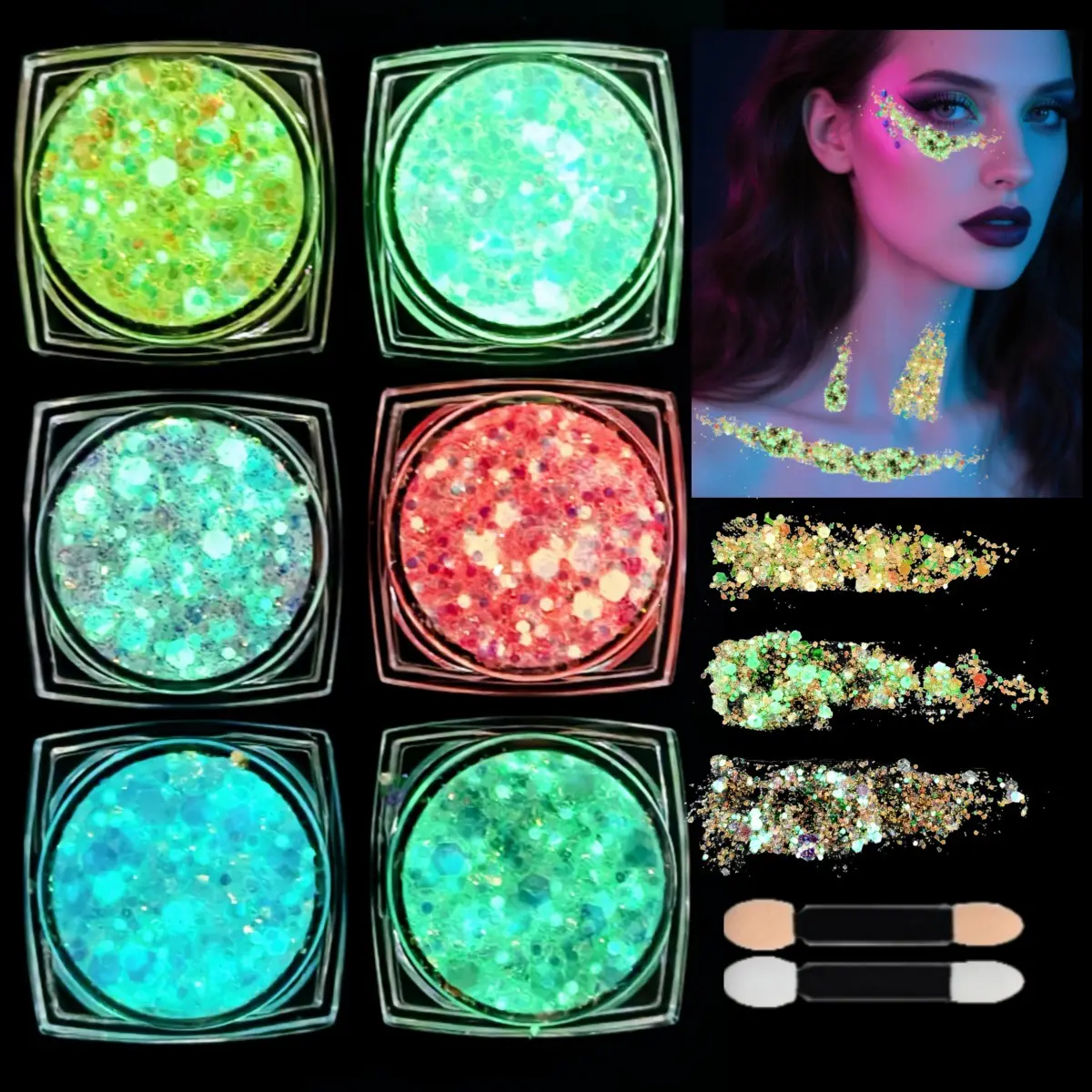 6-Color Glow-in-the-Dark Glitter Gel Face and Body Paint Set, Fluorescent Self-Adhesive Makeup Products for Halloween, Festivals, Face Paint, Youth, Create Stunning Effects, Easy Apply, Glowing Effect, Multiple Colors, Set Pack, Regular Edition, Party Loo