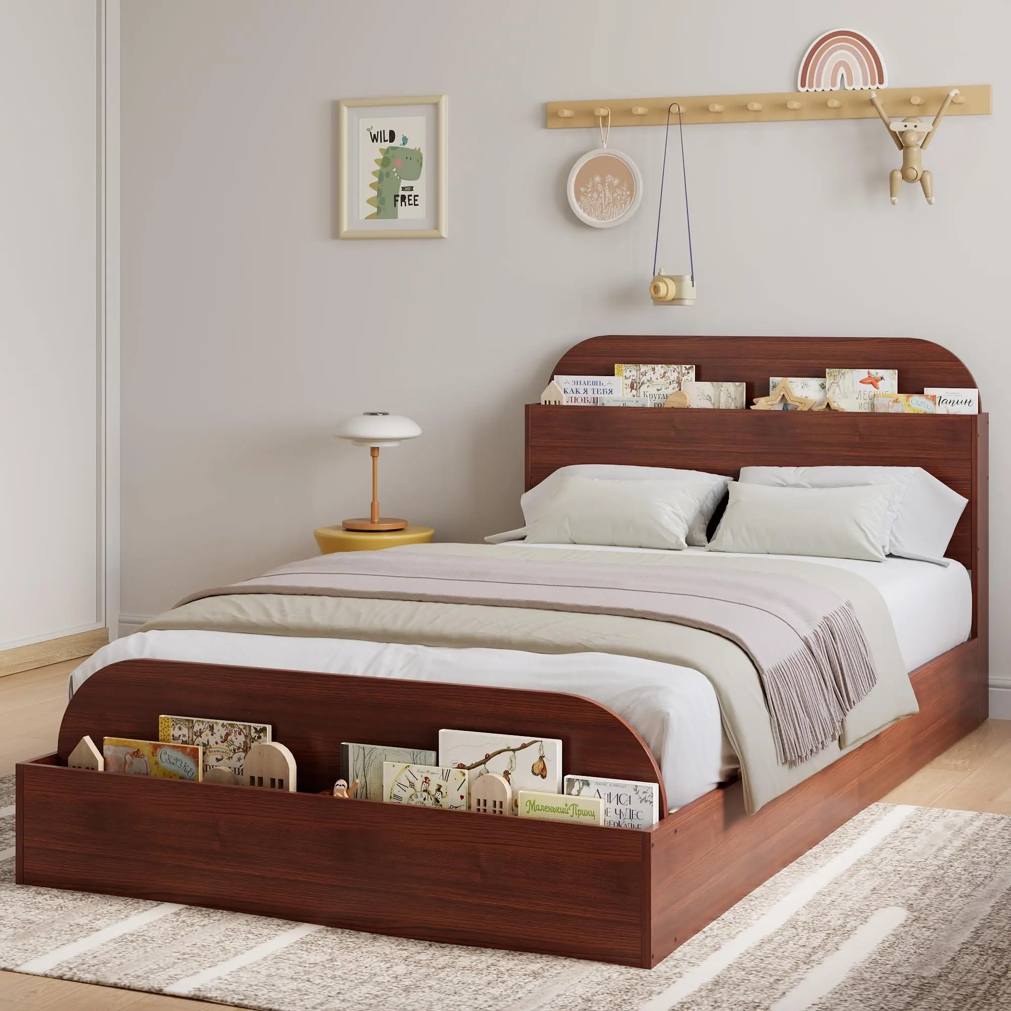 Garvee Twin XL Size Heavy Duty Wood Frame Bed with Storage Headboard, Raised Footboard - Low Wooden Platform Bed for Kids, Noise Free, No Box Spring Needed, Espresso Tone