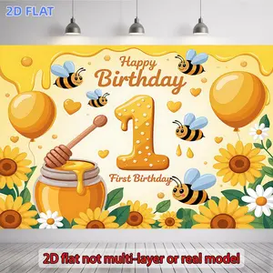 2D Flat Banner 1pc, Bee-Themed 1st Birthday Party Banner - Cute Bee & Honeycomb Bumblebee Design with Number 1 - Wall Hanging Decor for Room Showers Photo Props - Adorable Bee Decoration for all-Season use, Photography Backdrop, P