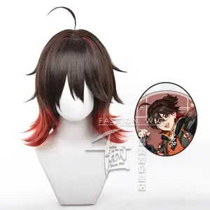 Gaming Wig Game Genshin Impact Cosplay Men Ka Min Hair Ponytail Cosplay Hair Heat Resistant Synthetic Free Wig Cap