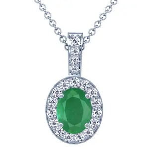 Emerald Oval and Diamond Pendant - (14k White Gold)- P44790REEM