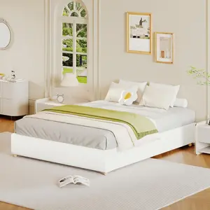 GAOMON Full Size Cloud Bed Frame，Corduroy Low Bed Frame Without Headboard, Thick Fabric Upholstered Platform Bed, Solid Wood Legs, No Box Spring Needed, Never Squeak, Easy Assembly, White