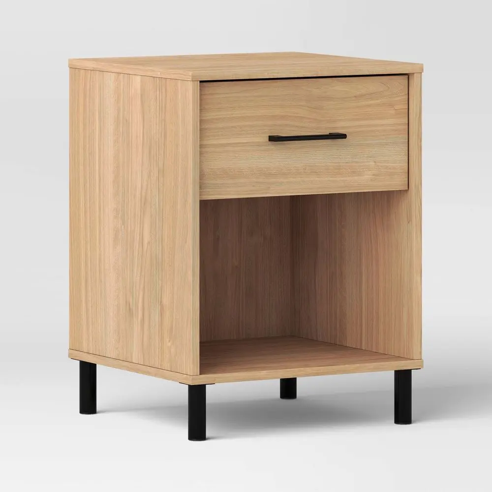 Mixed Materials Nightstand with Updated Base, Natural Wood Bedside Table - Room Essentials Indoor Furniture