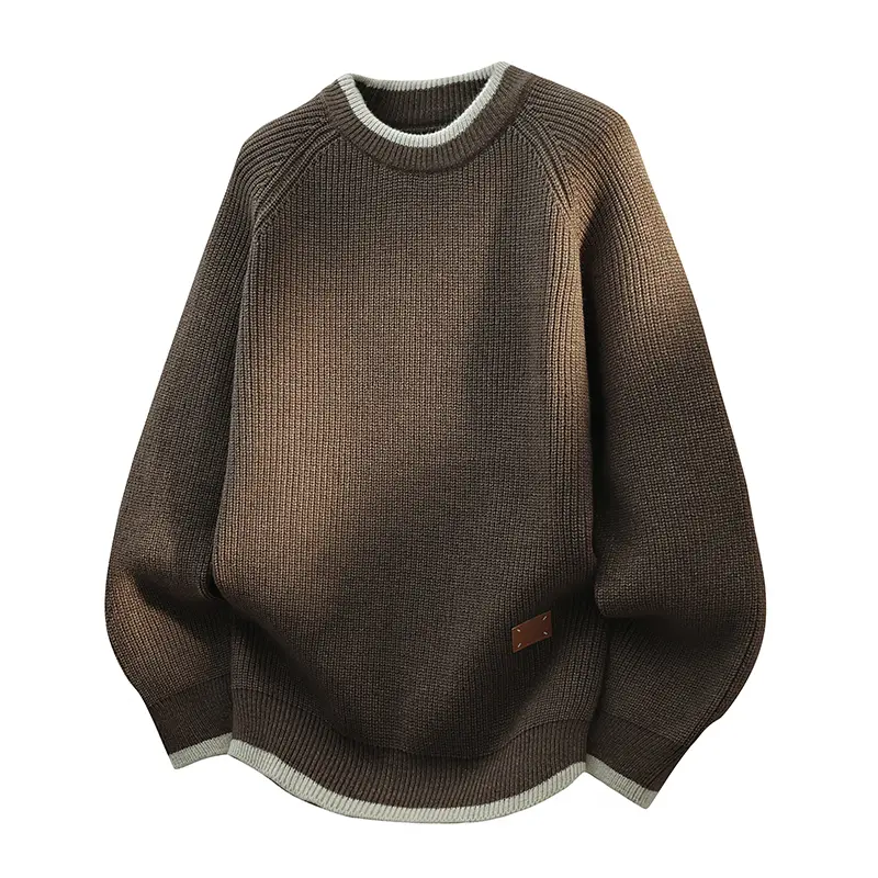 Men's Waffle Knit Crew Neck Sweater, Raglan Sleeve, Contrast Rib Collar & Hem, Small Leather Patch Detail, Oversized Loose Fall Winter Pullover