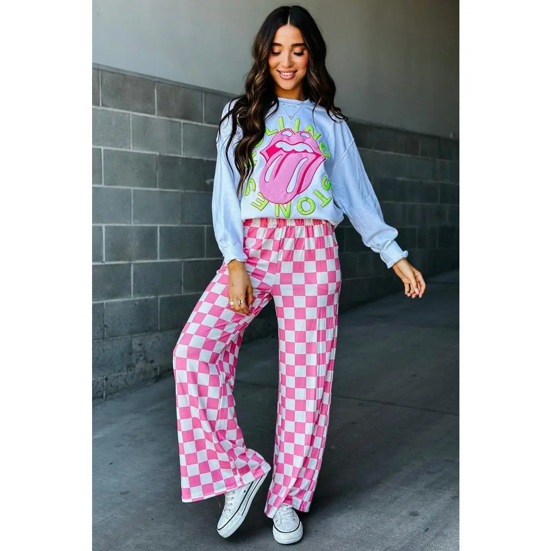 Checkered Print Wide Trousers for Women, Pink Mid-Rise Bottom in a Spandex Blend with Comfort Waistband, Elastic, Casual, Fit, Leg, Comfy, Pants
