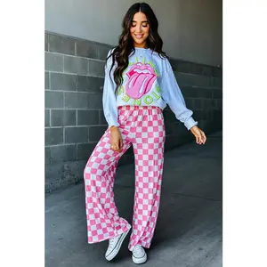 Checkmate Pants - Pink Loose-Fitting Checkered Print Casual Autumn Wide-Leg Pants with Comfy Elastic Waistband