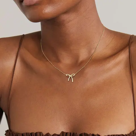 Tewiky Women's Cute Trendy Gold Bow Choker Necklace - Dainty Gold-Tone Pendant Chain, Fashionable Minimal Costume Jewelry, Gift for Women