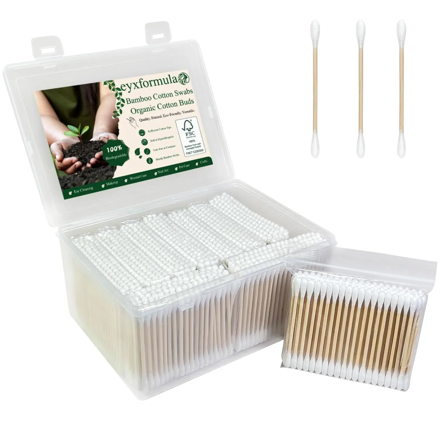 Eyxformula 1000-Count Organic Cotton Swabs, FSC-Certified Biodegradable Double-Tips with Stronger Bamboo Sticks & Extra Cotton Buds for Ear Cleaning, Makeup, Personal Hygiene