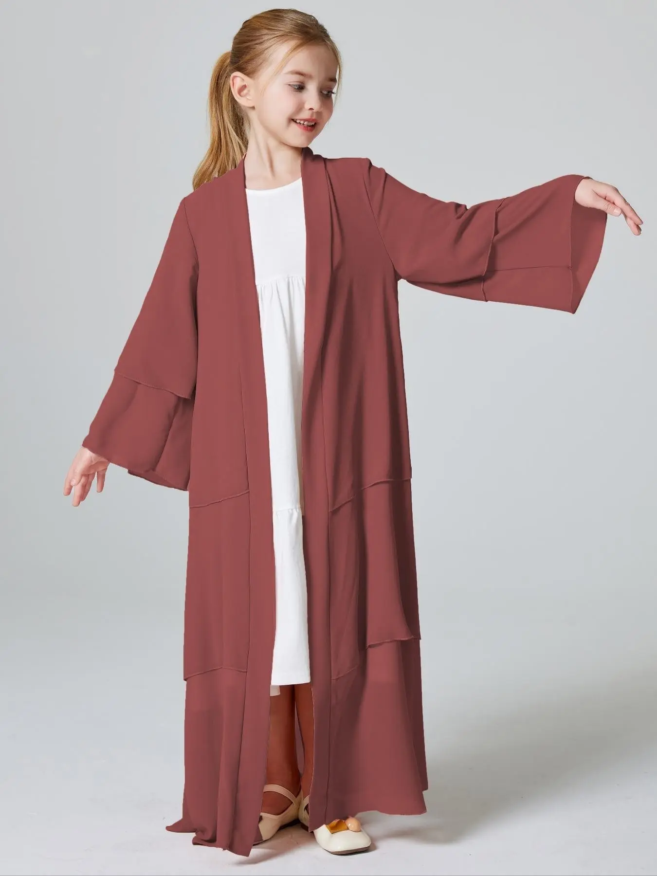 Girl's Solid Tiered Layer Long Sleeve Chiffon Abaya without Inner Dress, Summer Outfits, Modest Outfits, Modesty, Casual Open Front Long Robe for Daily Wear, Kids Clothes, Kids Girls Clothing