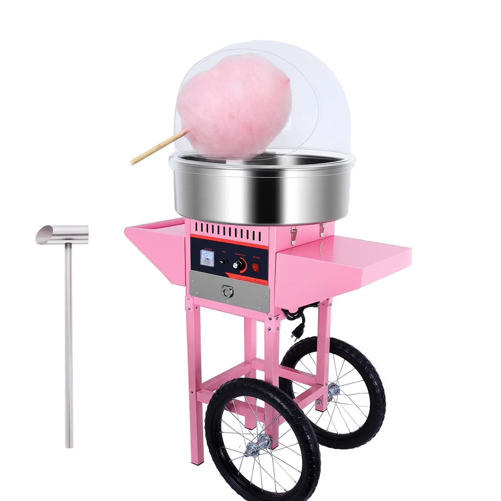 Pink Cotton Candy Machine with Cart - 1000W 304 Stainless Steel, Adjustable Heat, Anti-Slip Feet, 3000 r/m Spinning, Rear Wheels, 22 lb Capacity, Fast Flossing, Adult-Supervised Children's Model, Commercial-Household Mechanical Hardware Tool for Parties