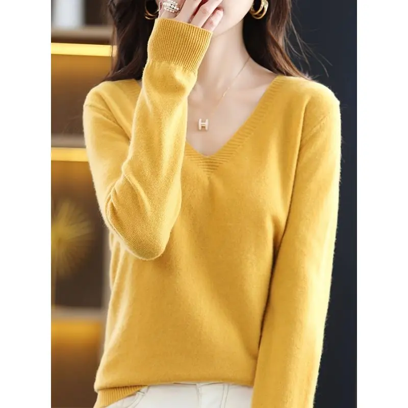 Women's Chic Red V-Neck Sweater - Casual Long Sleeve Lightweight Knit Pullover for Spring & Autumn, Solid Color, Easy Care Fabric Knitwear Fitted Womenswear Tops Basic Minimalist