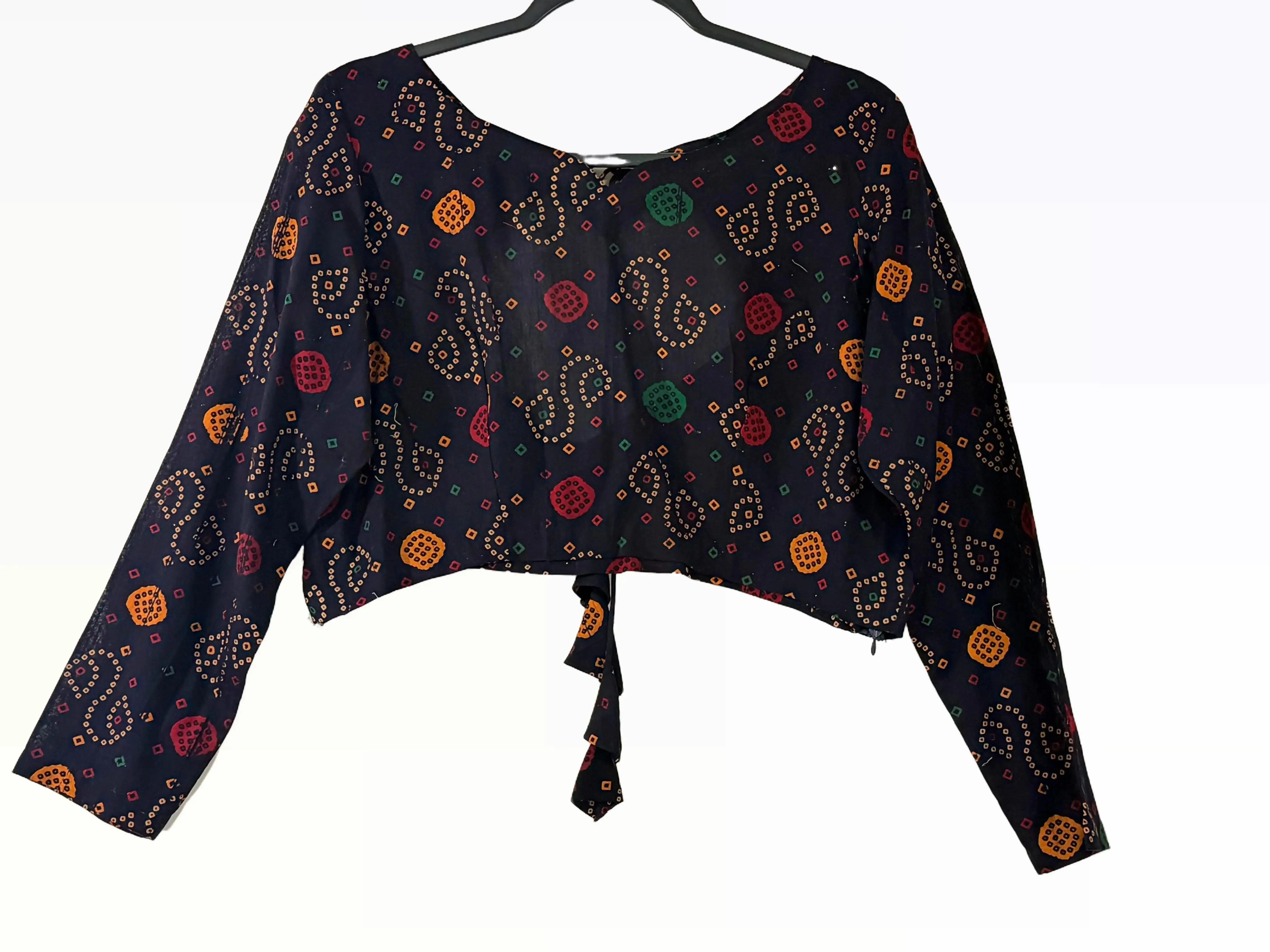 Stylish Deep Cut Back Printed Cotton Black Blouse