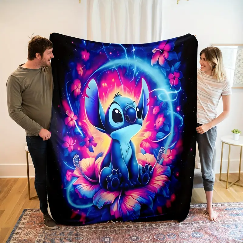 DISNEY CLASSIC Stitch Flannel Blanket - Soft, Warm, Vibrant Blue & Purple Design with Glowing Orbs & Floral Accents, Machine Washable, Ideal for Sofa,