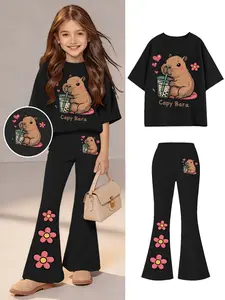 Summer Girls Short Sleeve T-Shirt & Bell Bottoms Set, Kawaii Cartoon Print, Elastic Soft Fabric, Casual for Outdoor Wear, Outdoor Suitable