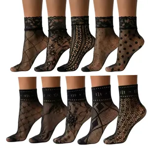 Women's 10 Pack Lace Fishnet Socks, Retro Elegant Hollow Out Floral & Geometric Ankle Socks, Patterned Decorative Crew Socks, Breathable Thin Anklets Size 5-9, Vintage Patterned Dress Socks for Heels & Loafers