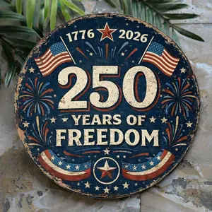 Vintage Patriotic 8'' Round Wall Art| "250 Years of Freedom" USA Metal Sign for Man Caves, Porches & 4th of July Decor
