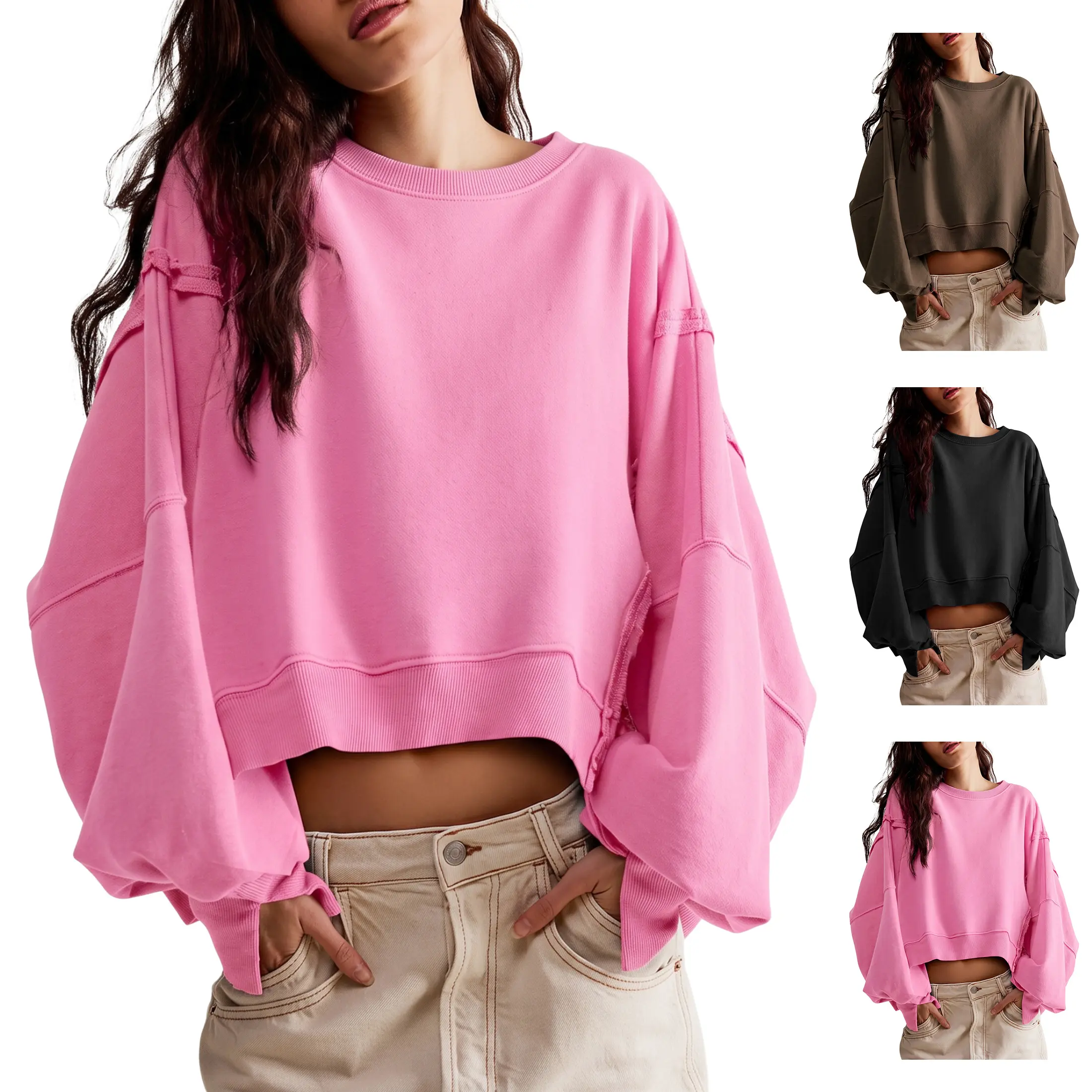 SCUSTY Women's Casual Cropped Sweatshirt Oversized Crewneck Long Sleeve Loose Fit Pullover Exposed Seaming Design Sweat Top