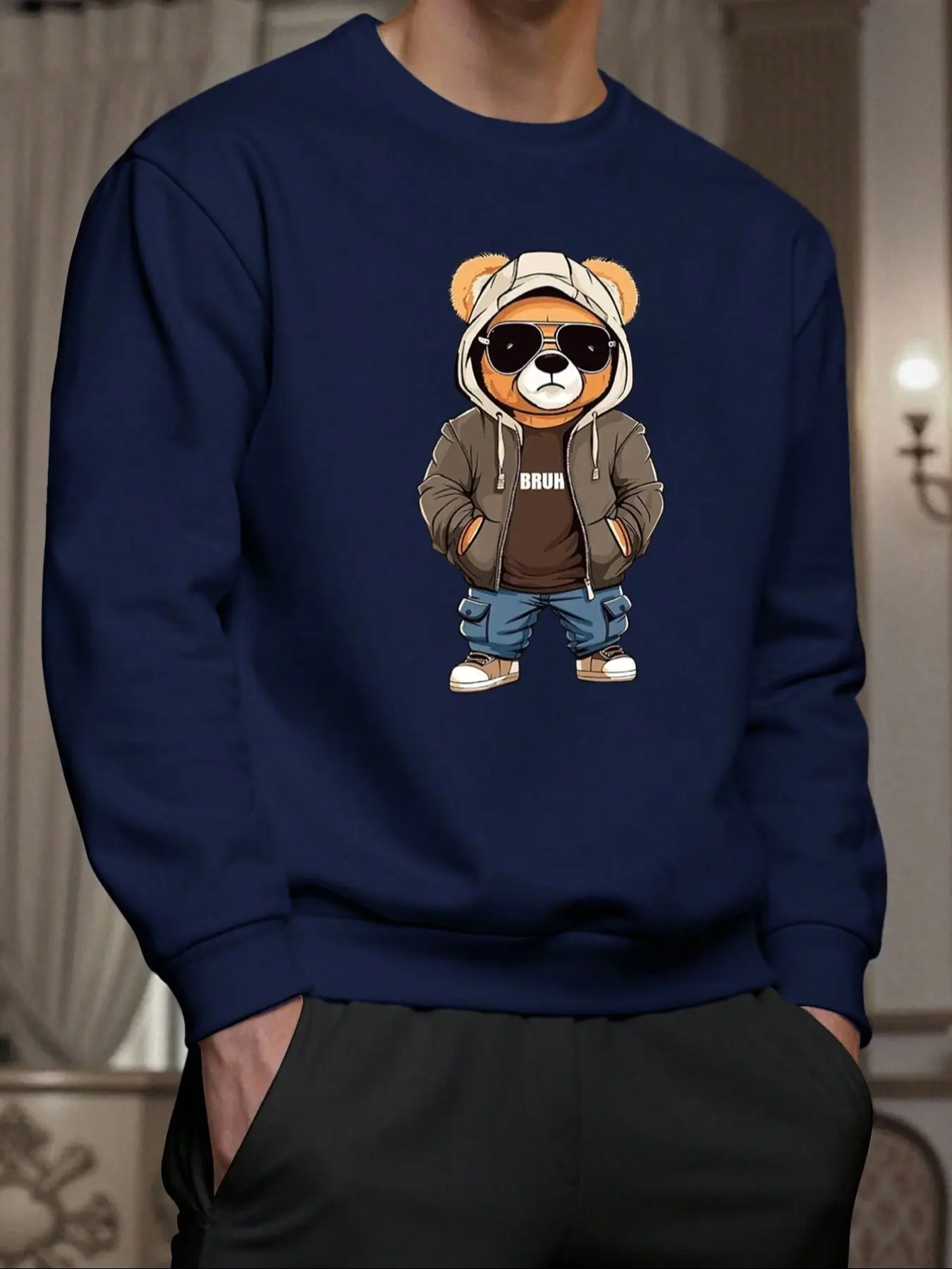 Men's Fleece Casual Fitted Pullover Sweatshirt, Knit, Bear Pattern Printed Long Sleeve Crew Neck Top, Warm Winter Basic Wear for Fall & Winter, Clothes, Knitwear