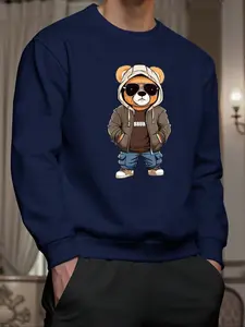 Men's Fleece Pullover Sweatshirt, Knit, Bear Pattern Printed Casual Long Sleeve Crew Neck Top, Warm Winter Basic Wear for Fall & Winter