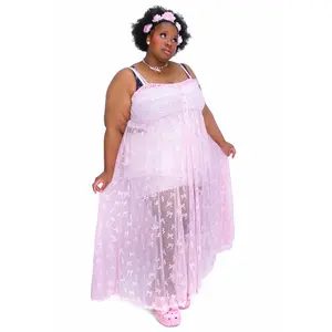 Venus Ribbon Sheer Mesh Maxi Dress - Pastel Pink