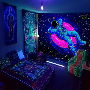 60X40 In Astronaut & Donut Glow-in-the-Dark Tapestry - Large Starry Sky UV Black Light Wall Hanging, Soft Peach Skin Fabric, Perfect for Bedroom, Living Room, Dorm Decor - Includes Free Accessories, Astronaut Donuts, UV Black Light, Tapestry
