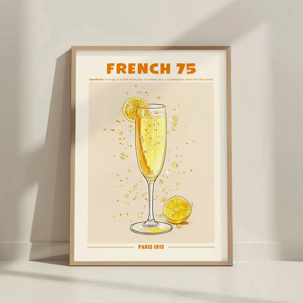 French 75 Cocktail Print – Retro Drink Poster, Home Bar Decor, Mixology Gift, Classic Cocktail Recipe Art, Unframe