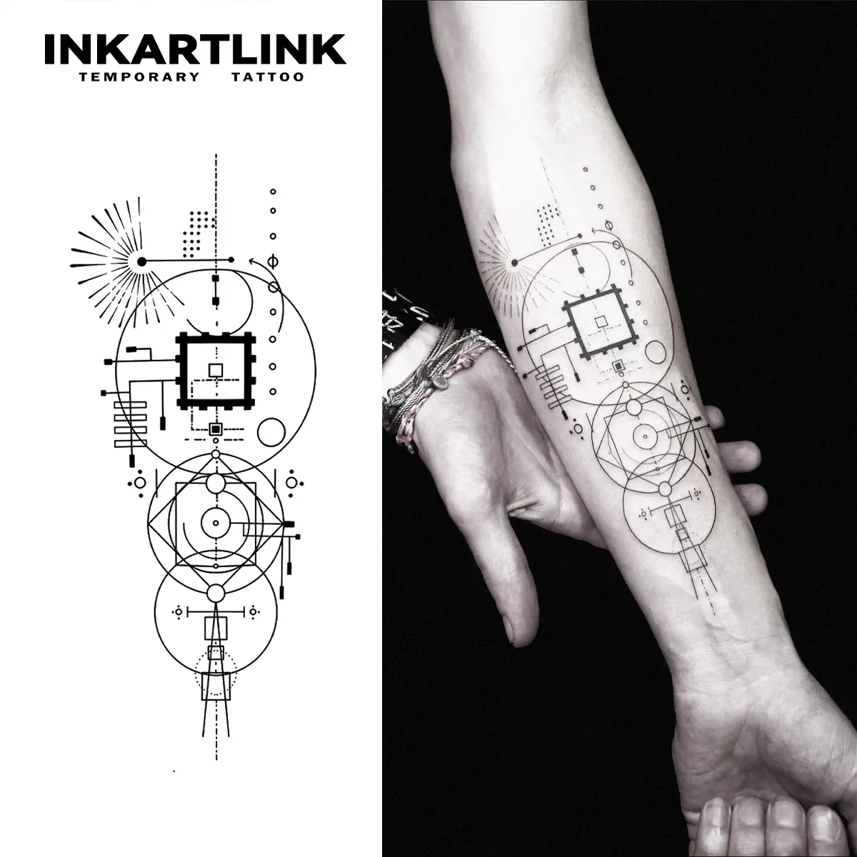 INKARTLINK Tattoo Tech, 2 Sheets Large Semi Permanent Tattoo, Adult Art Design Temporary Tattoos, Lasts 1-2 Weeks, Waterproof, Realistic Look, No Adhesive, No Reflection (Geometric Design)