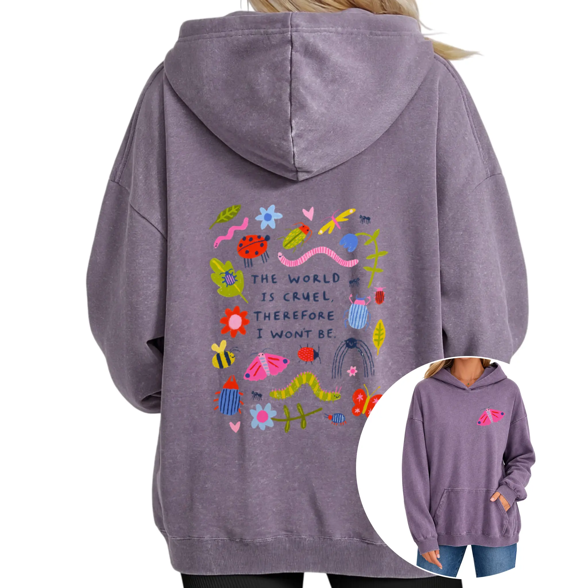 Cute Bug Print Pink Washed Hoodie The World Is Cruel Slogan Autumn VIntage Washed Hoodie Graphic Sweatshirt