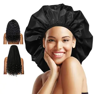 Shower Cap, Double-Layer  , XL Satin Lining Shower Bonnet for Women Thick, Long Hair, , Braids(Black)