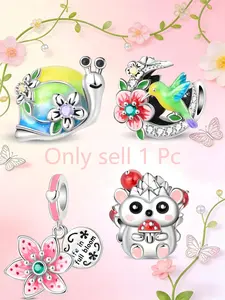Plated 925 Sterling Silver Charms for Bracelet, Colorful Snail Hummingbird Hedgehog Flower Beads, DIY Jewelry Gift for Women
