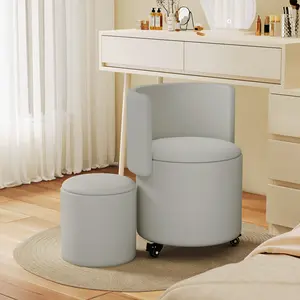 【Black Friday】Round Vanity Chair and Small Ottoman with Storage,Rolling Faux Leather Swivel Work Makeup Stool Chair with Folding Back and Lockable Wheels,Upholstered Footstools for Bedroom Living Room