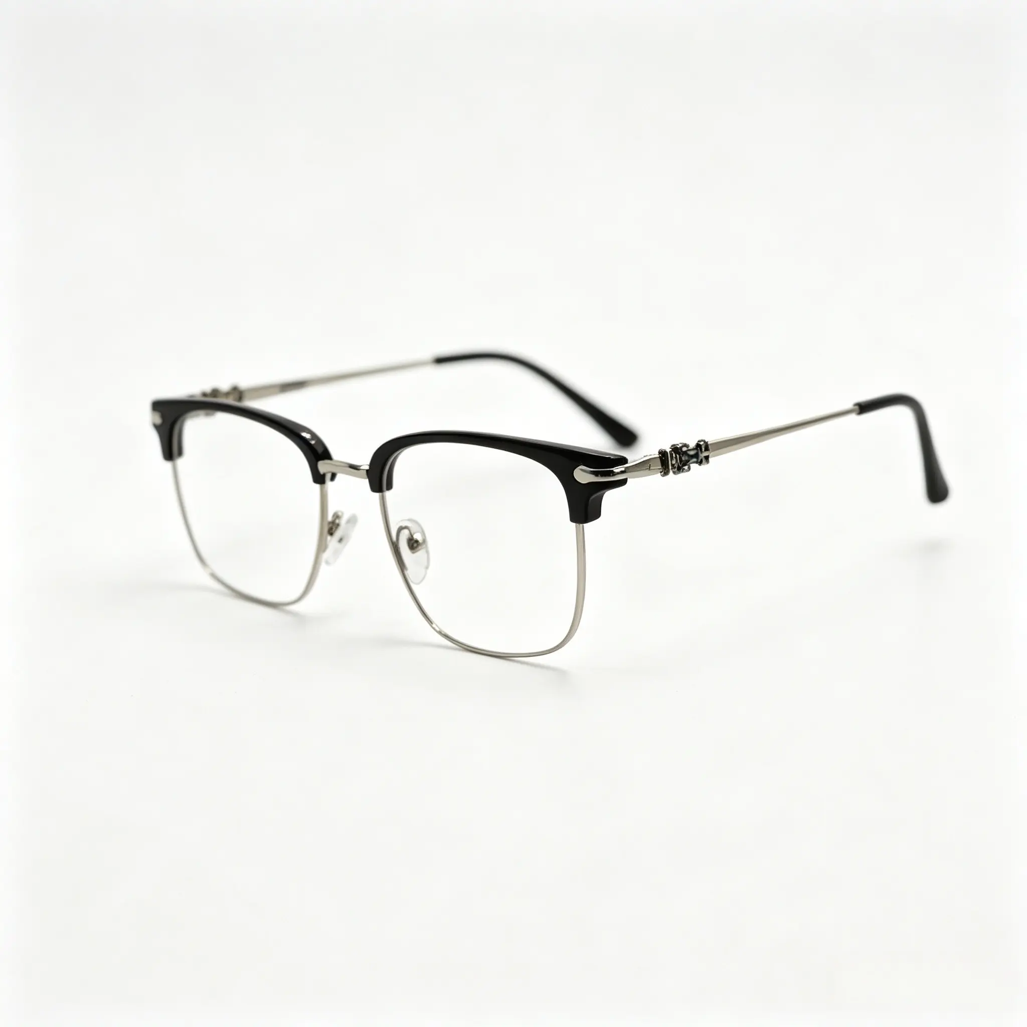 Vintage Semi Rim Browline Anti Blue Light Glasses, Gloss Black Gold Mix Frame Carved Metal Temple Clear Lens, Fashion Business Anti Eye Strain Screen Glasses
