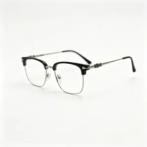 Vintage Semi Rim Browline Anti Blue Light Glasses, Gloss Black Gold Mix Frame Carved Metal Temple Clear Lens, Fashion Business Anti Eye Strain Screen Glasses