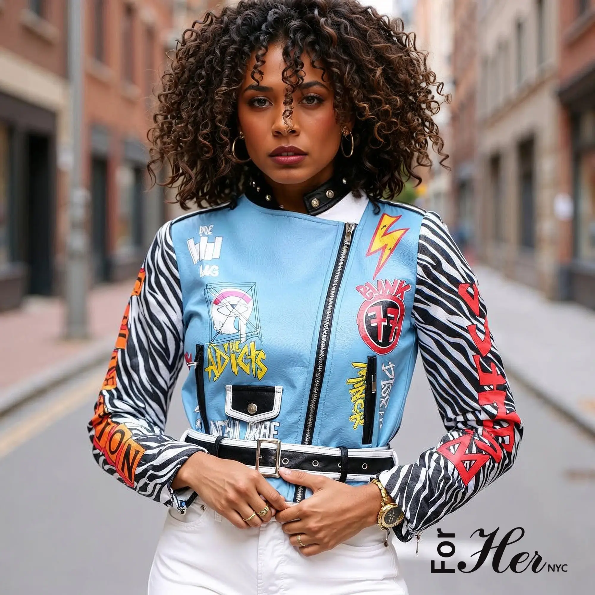 TALLY TAYLOR FOR HER NYC Women's Faux Leather Zebra-Print Moto Jacket with Embroidered Tiger Graphic & Lace-Up Sleeves 81762