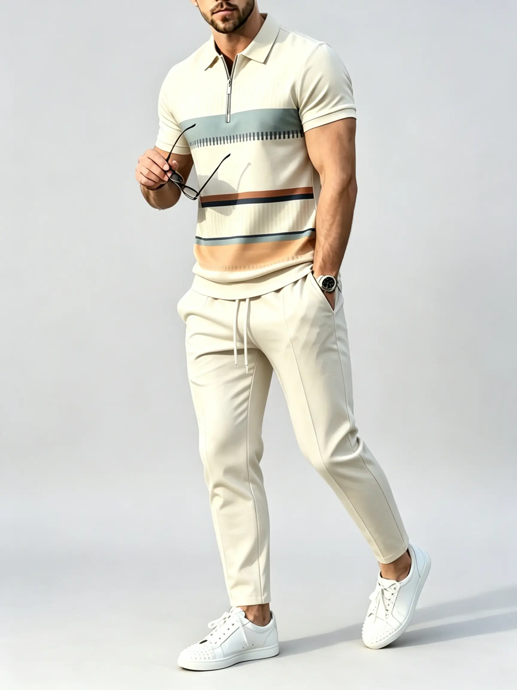 Men's 2-Piece Casual Geometric Printed Short-Sleeve Polo Shirt & Solid Color Pants Set, Comfortable Menswear for Work & Weekends, Stylish Mens Clothing Outfit