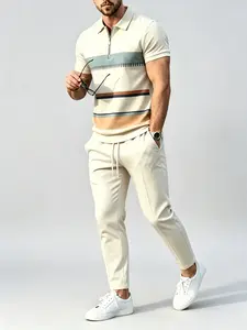 Men's 2-Piece Casual Geometric Printed Short-Sleeve Polo Shirt & Solid Color Pants Set, Comfortable Menswear for Work & Weekends, Stylish Mens Clothing Outfit