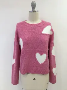 Women's Heart Pattern Cardigan Round Neck Pullover Long Sleeve Top Casual Style Knitted Sweater Retail/Wholesale