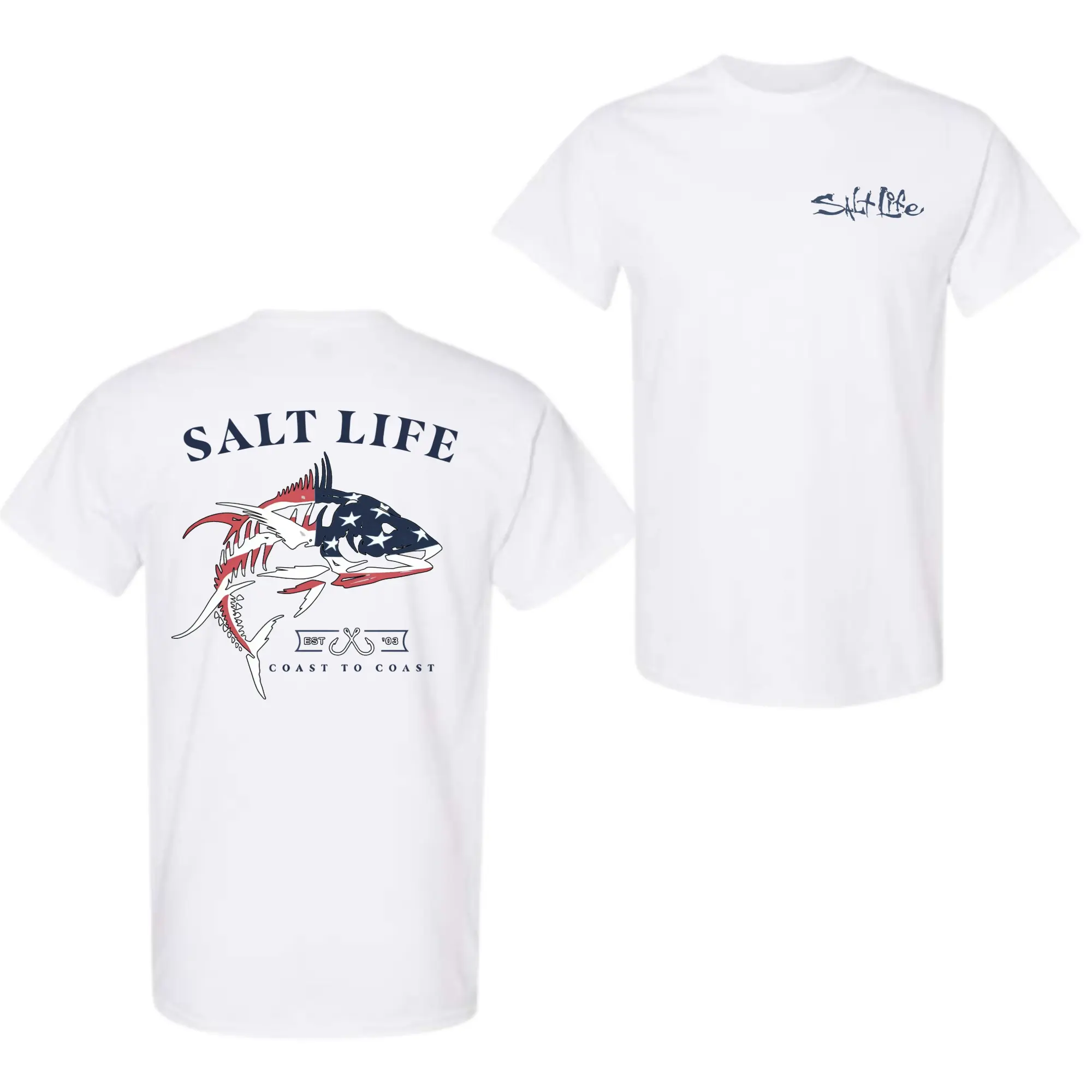 Salt Life Coast to Coast T-Shirt, Patriotic Fish Graphic Tee, American Outdoors Fishing Shirt, Soft Cotton Casual Apparel for Men Women, Unisex Streetwear, Vintage Graphic Tee Coastal Style
