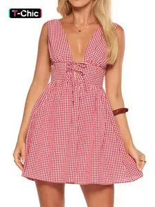 Plaid Deep V Neck Sleeveless Tie Mini Dress Women Sexy Holiday Daily Outfit Birthday Party Occasion Wear Babydoll Cute Summer Dress Casual Classy Dress Casual Dresses