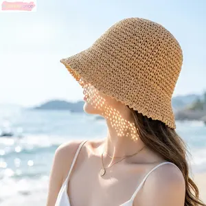 Handwoven Crochet Straw Bucket Hat, Foldable Breathable Wide Brim Sun Cap For Women, Coastal Granddaughter Aesthetic Summer Vacation Essentials, Lightweight Beach Travel Resort Wear, Woven Fisherman Headwear