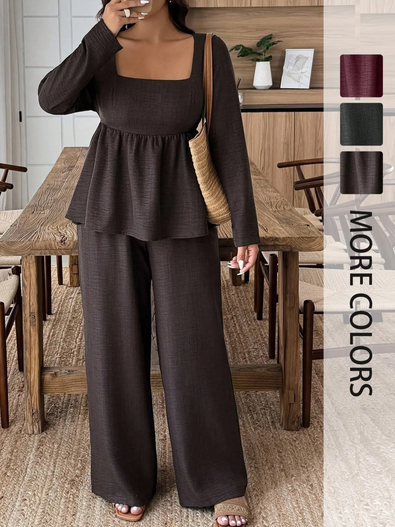 Elegant Women's Plus Size Fitted Woven Long Sleeve Two-Piece Top Set, Casual Fashion for Dating, Parties, Office Commute, Minimalist Versatile Wear, Outfit, Aesthetic, Clothes