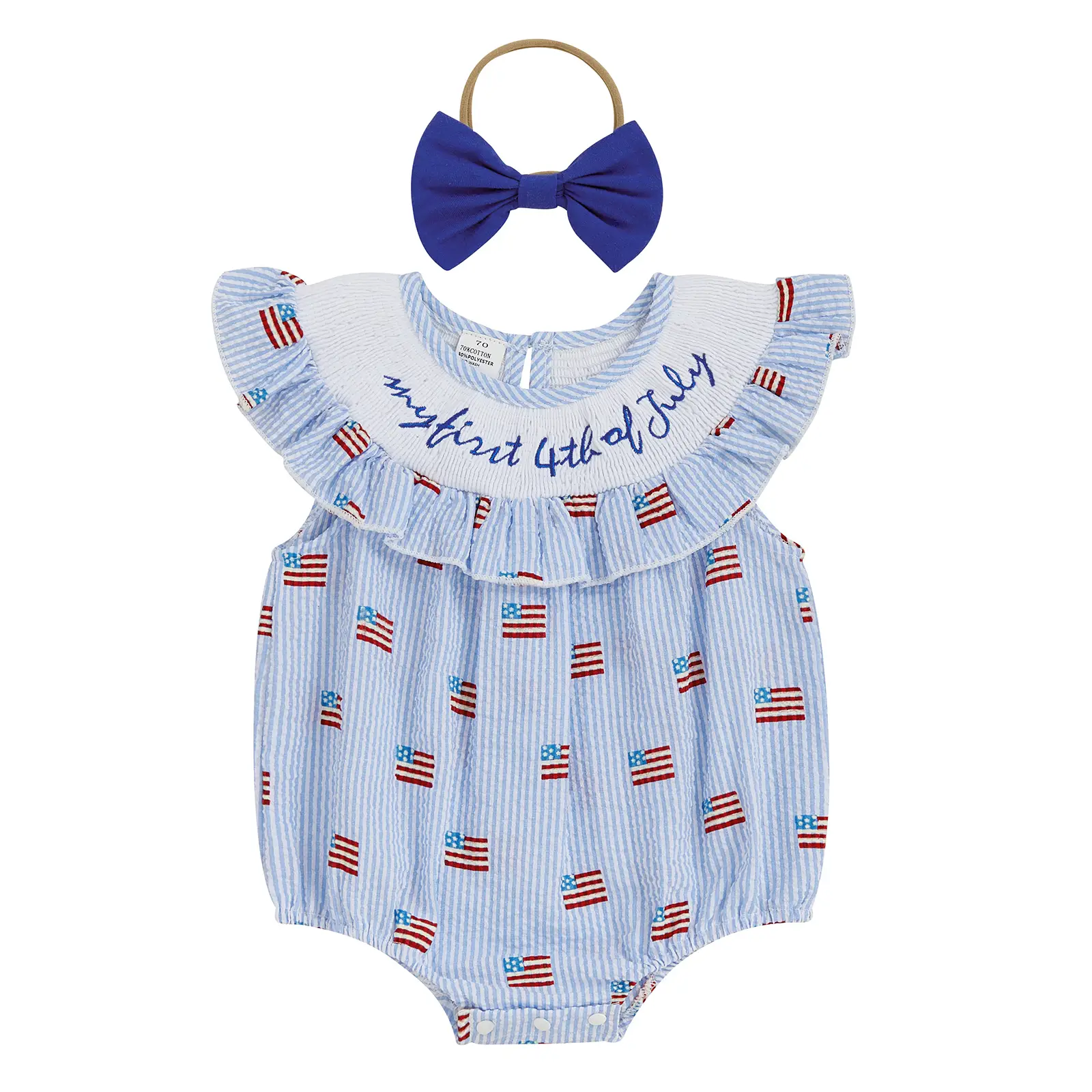 Infant Baby Girls 4th of July Romper Summer Casual Flag Stripe Print Fly Sleeves Jumpsuit and Headband Set