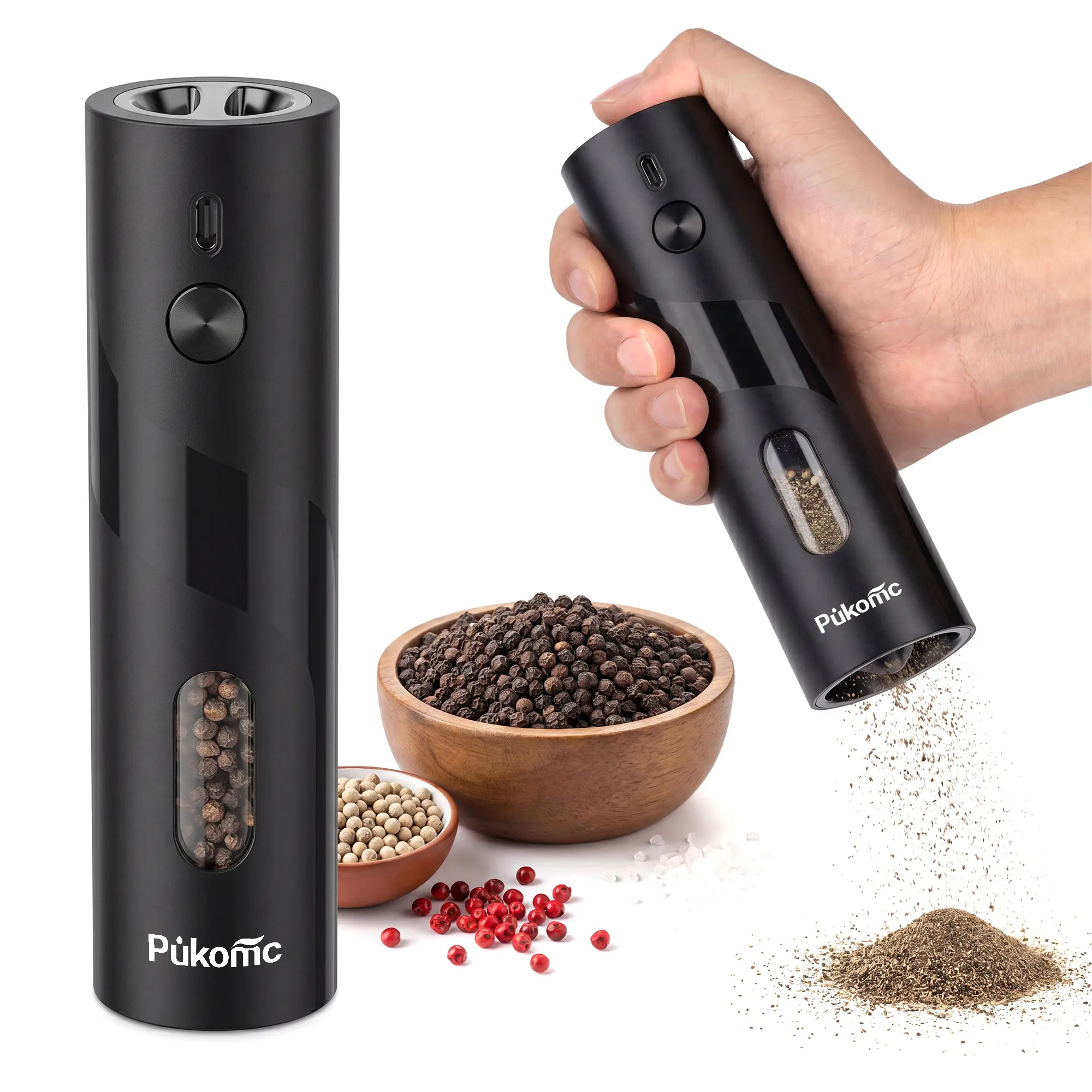 Pukomic Smart Electric Salt & Pepper Grinder, 6-Level Adjustable Coarseness, LED Light, USB Rechargeable, Detachable Parts, 12 Refills & Accessories Included, Modern Dining Table Kitchen Seasoning Utensil with Easy Maintenance & Cleaning