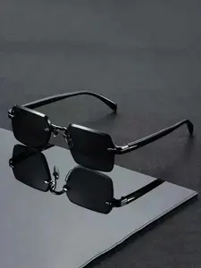 Retro Frameless Rectangular Sunglasses, Fashionable Metal Material, Exquisite Details, Suitable for Men & Women, Driving, Traveling, Fishing, Trendy Beach Eyewear, Vintage Rectangle Shades